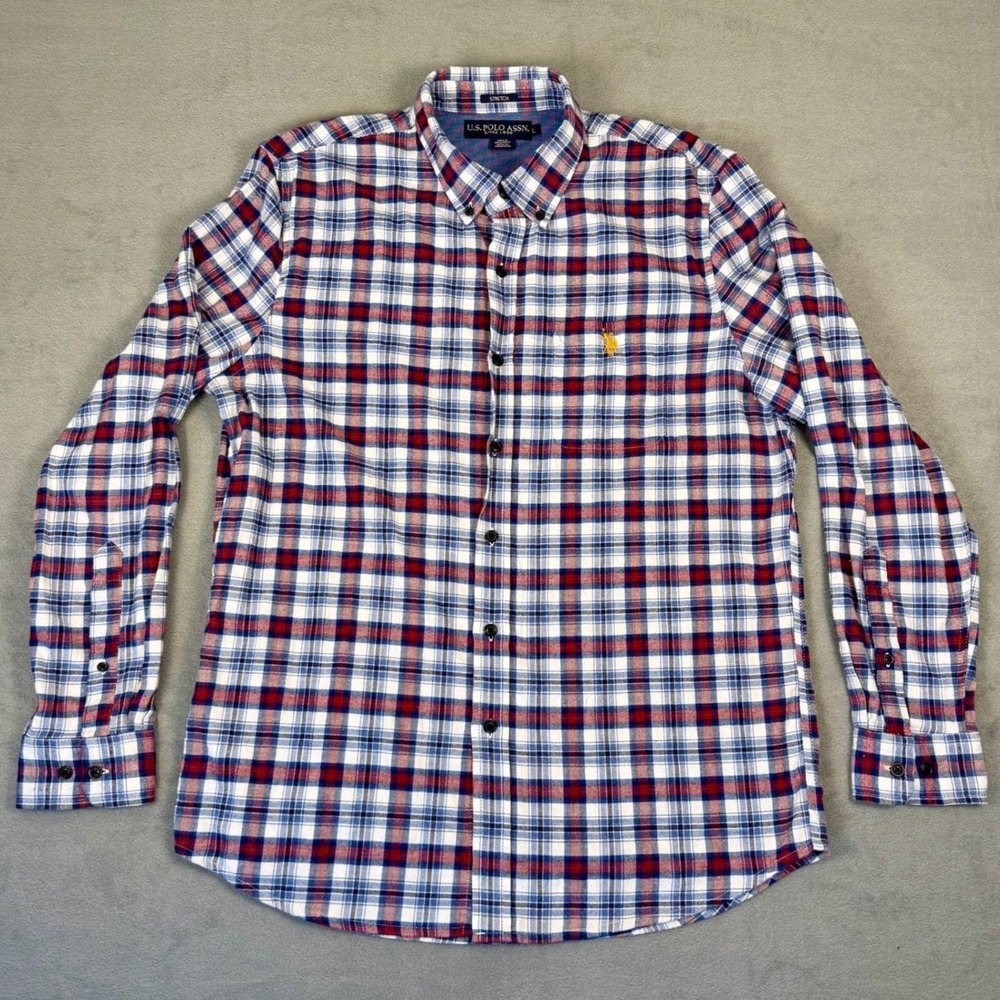 US Polo Assn‎ Mens Large Red White Blue Plaid Button Down Shirt Long Sleeve